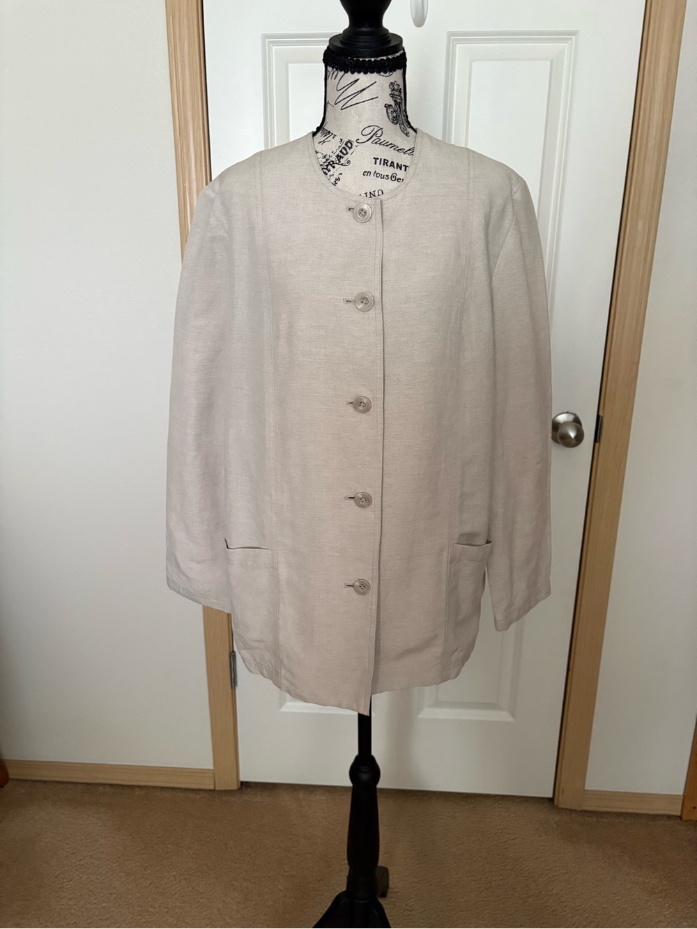 Valerie Stevens Collarless Button Front Jacket in Light Beige